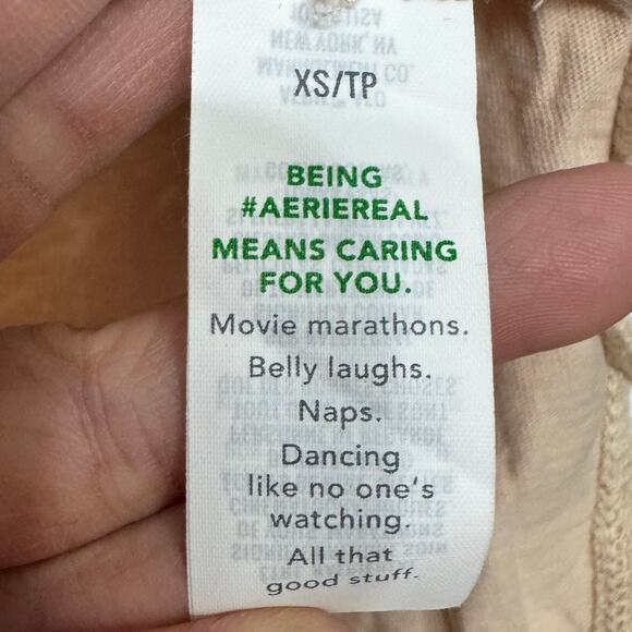 Aerie Beige Henley Pocket Tee XS Ruched Sleeves Slub Cotton Soft Lounge Oversize - Picture 4 of 7